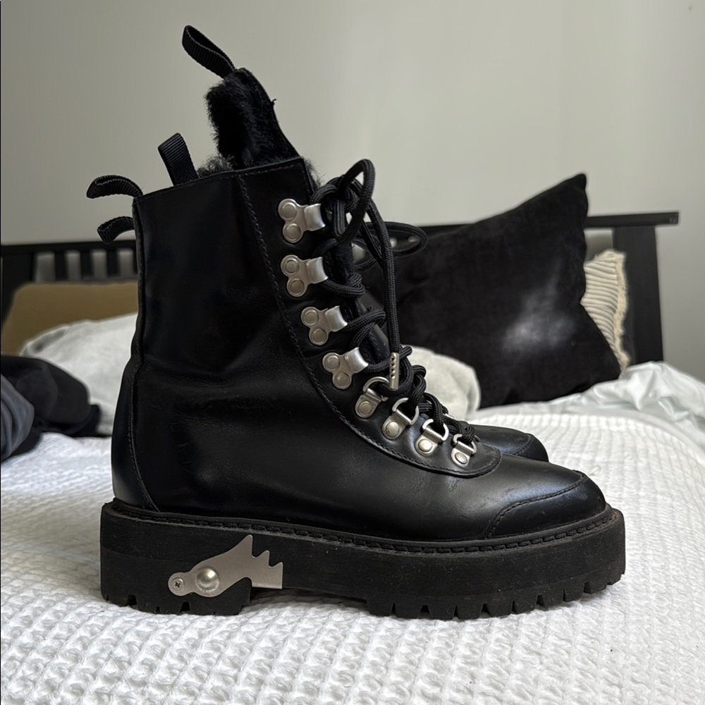 Off-White Black Combat Boots with Silver Accents